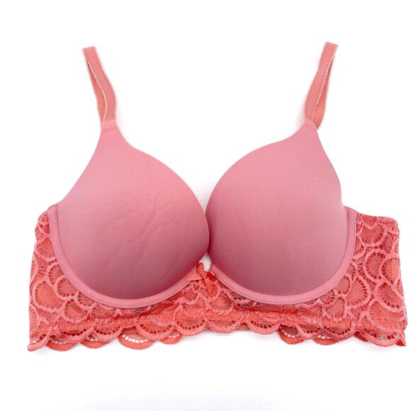 Aerie Womens 32D Real Good Underwire Bra Coral Pink Lace Molded Cups Push Up - Picture 1 of 8